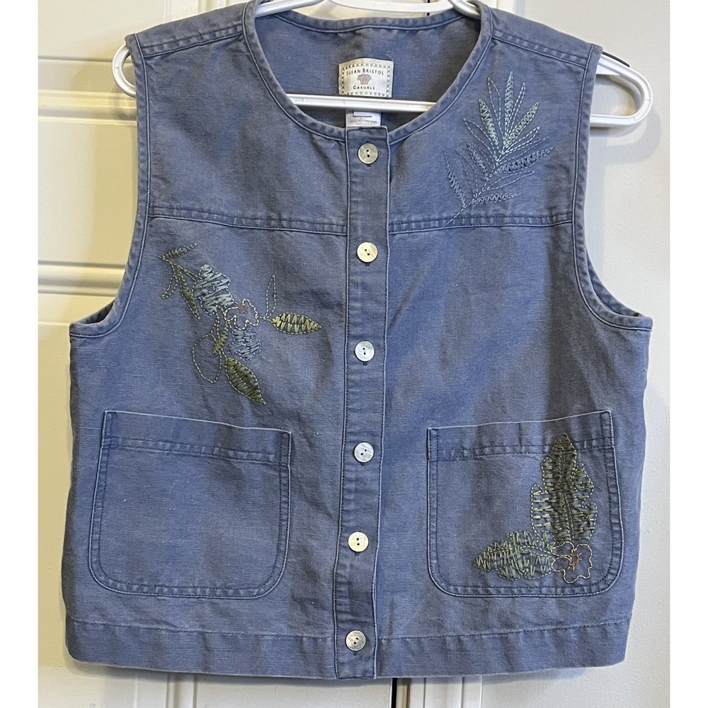 Vintage Susan Bristol Linen Blend Embroidered Vest Blue Cottagecore PM - Picture 1 of 7